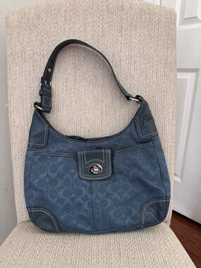 Coach Hampton Signature Shoulder Hobo Bag Blue Monogram Canvas F13971 RARE HTF